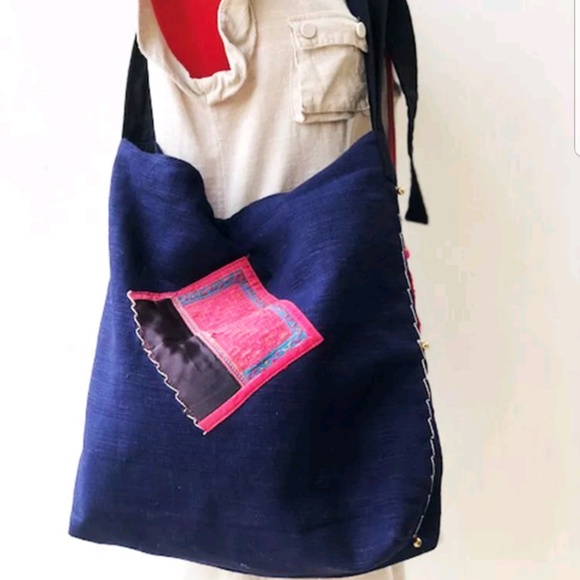 Hand Crafted Hmong Tribal Thai Vintage Ethnic Textile Slouchy Tote Handbag - Picture 8 of 11